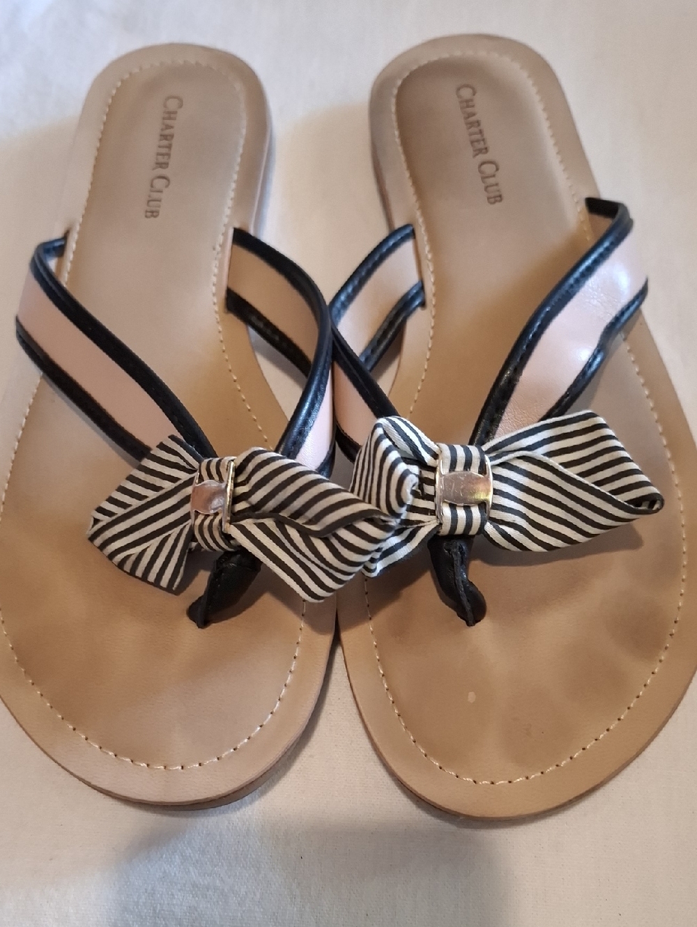 Charter Club Black and Beige Bow Stripe Thong Sandals